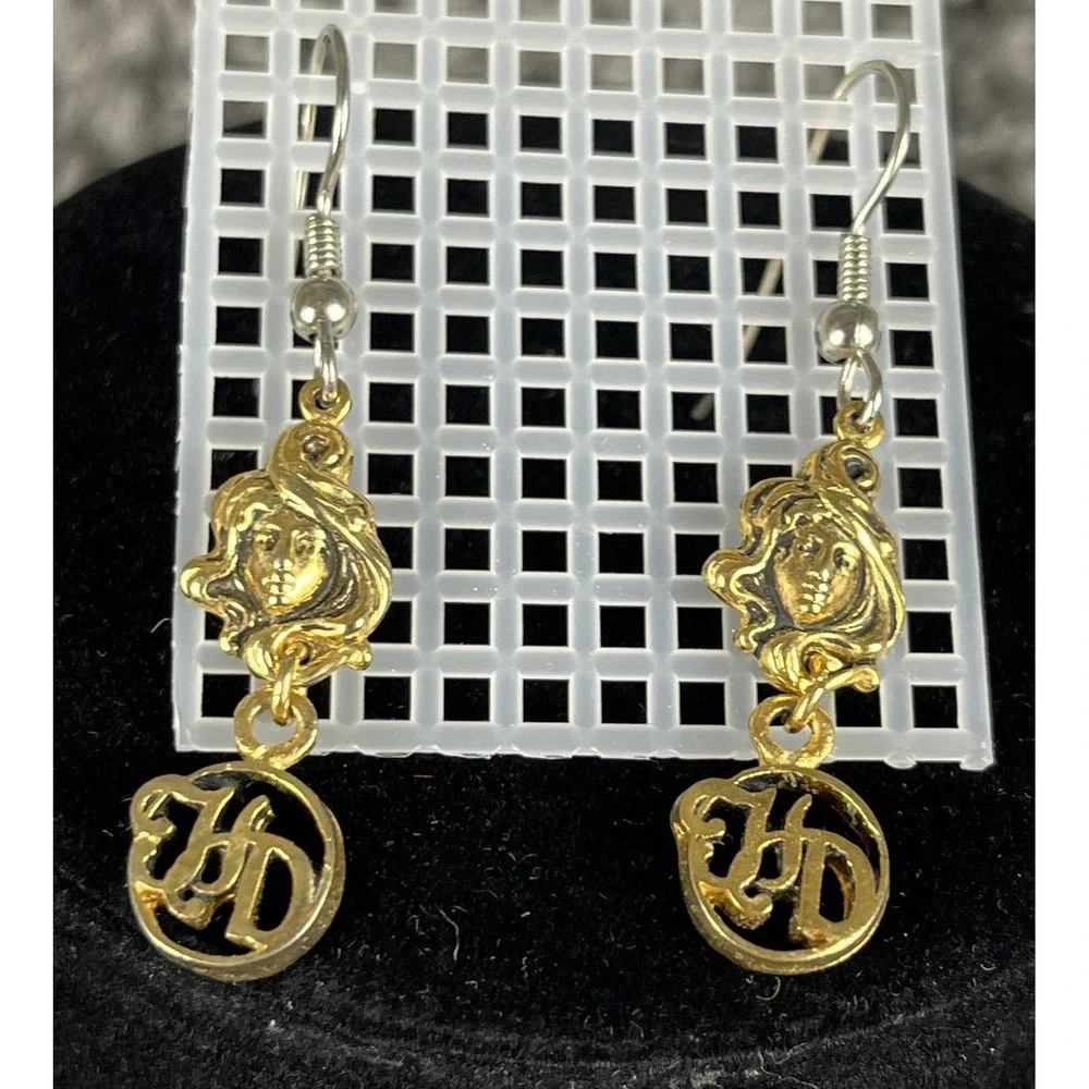 VTG Harley Davidson Gold Tone Dangle Drop Earrings Woman's Face w 